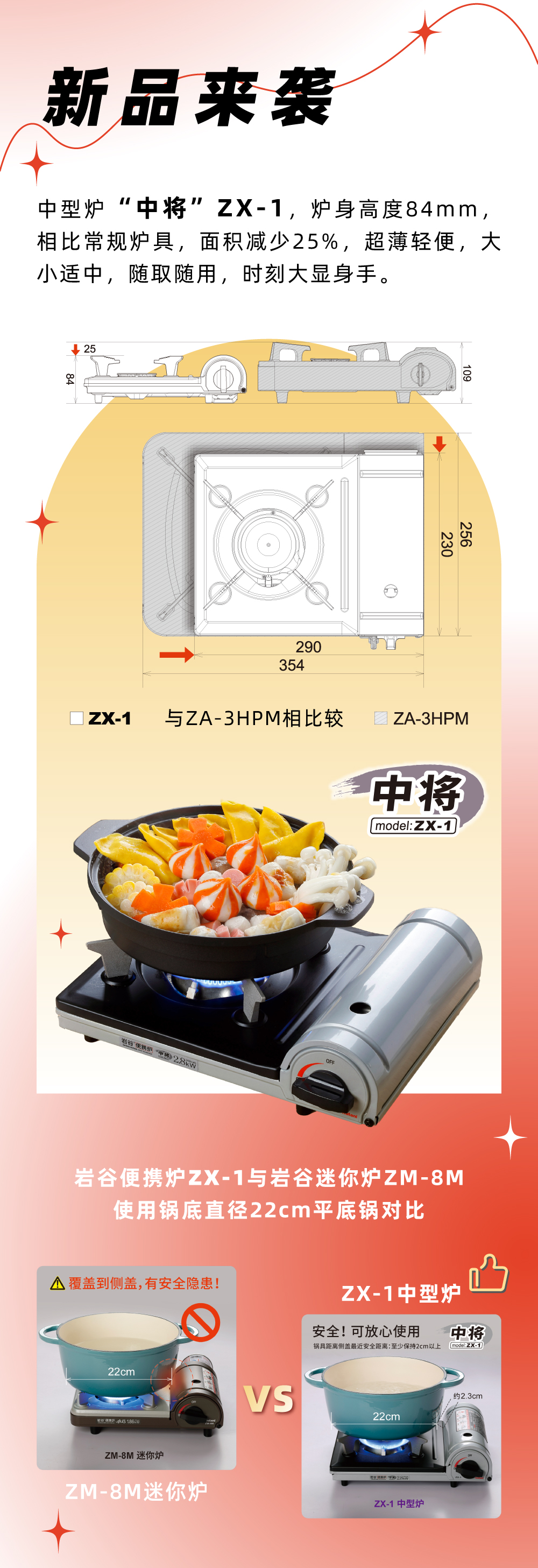 巖谷便攜爐ZX-1，爐身高度84mm，相比常規爐具，面積減少25%，
超薄輕便，大小適中，隨取隨用，時刻大顯身手。